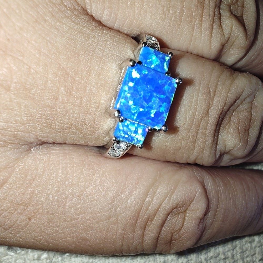 Ring Sterling Silver 925 Blue Opal Three Stone Statement Size 9 SRO16889-BO